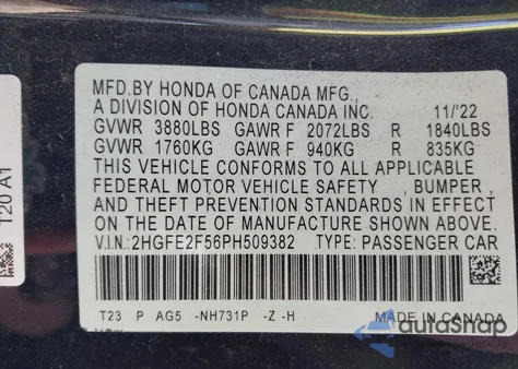 2023 Honda Civic Sport из США, поврежденный, VIN 2HGFE2F56PH509382